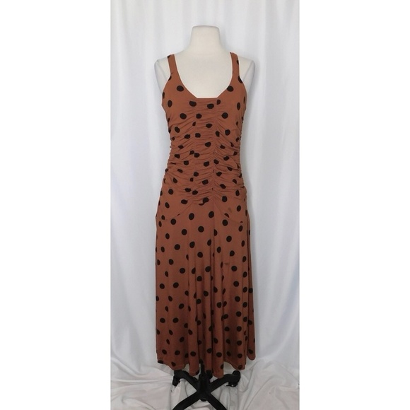 NWT!! ANTHROPOLOGIE Ruched Midi Dress Brown Black Polka Dots Party X-Small - Picture 3 of 14